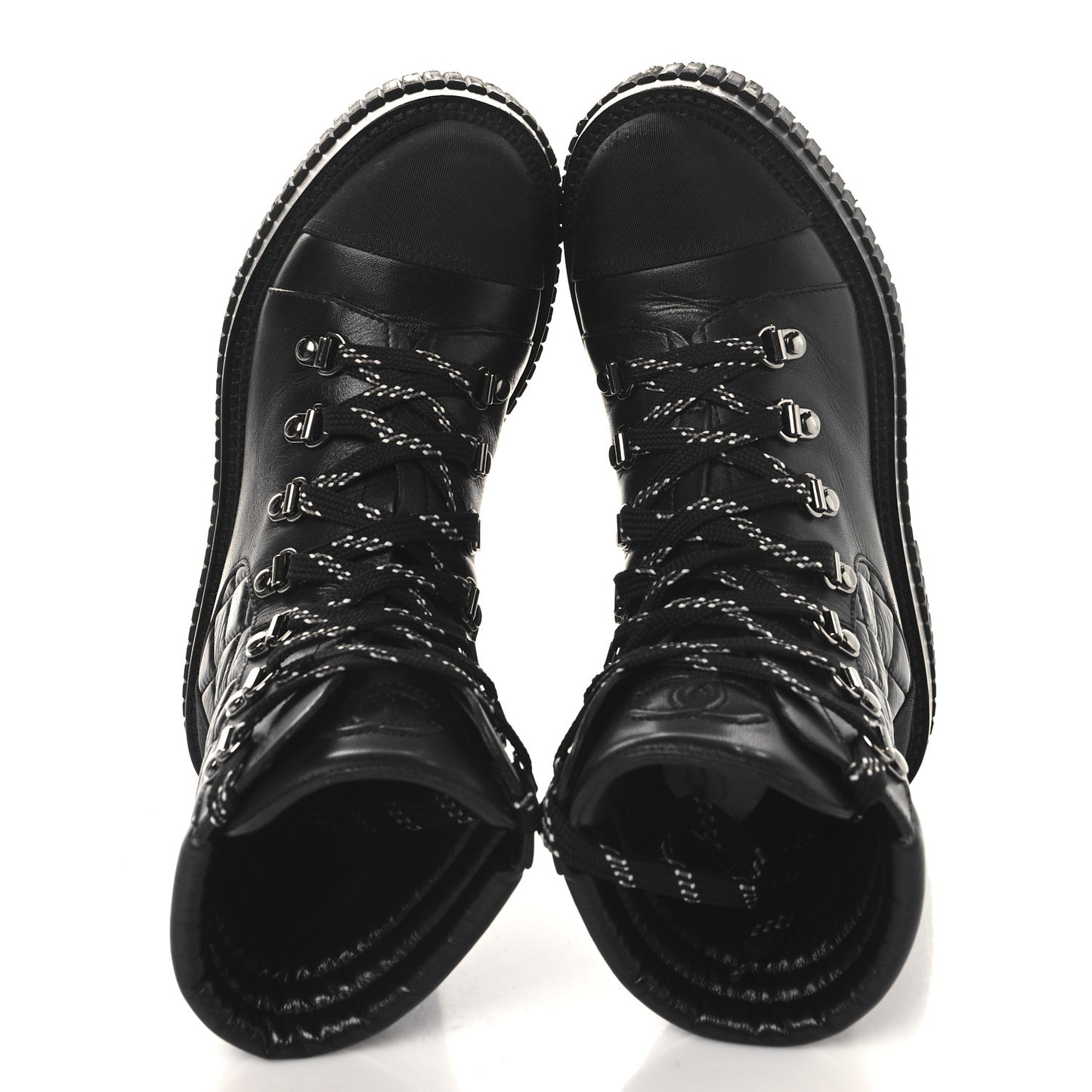 Calfskin Grosgrain Quilted Lace Up Boots 35 Black Grey