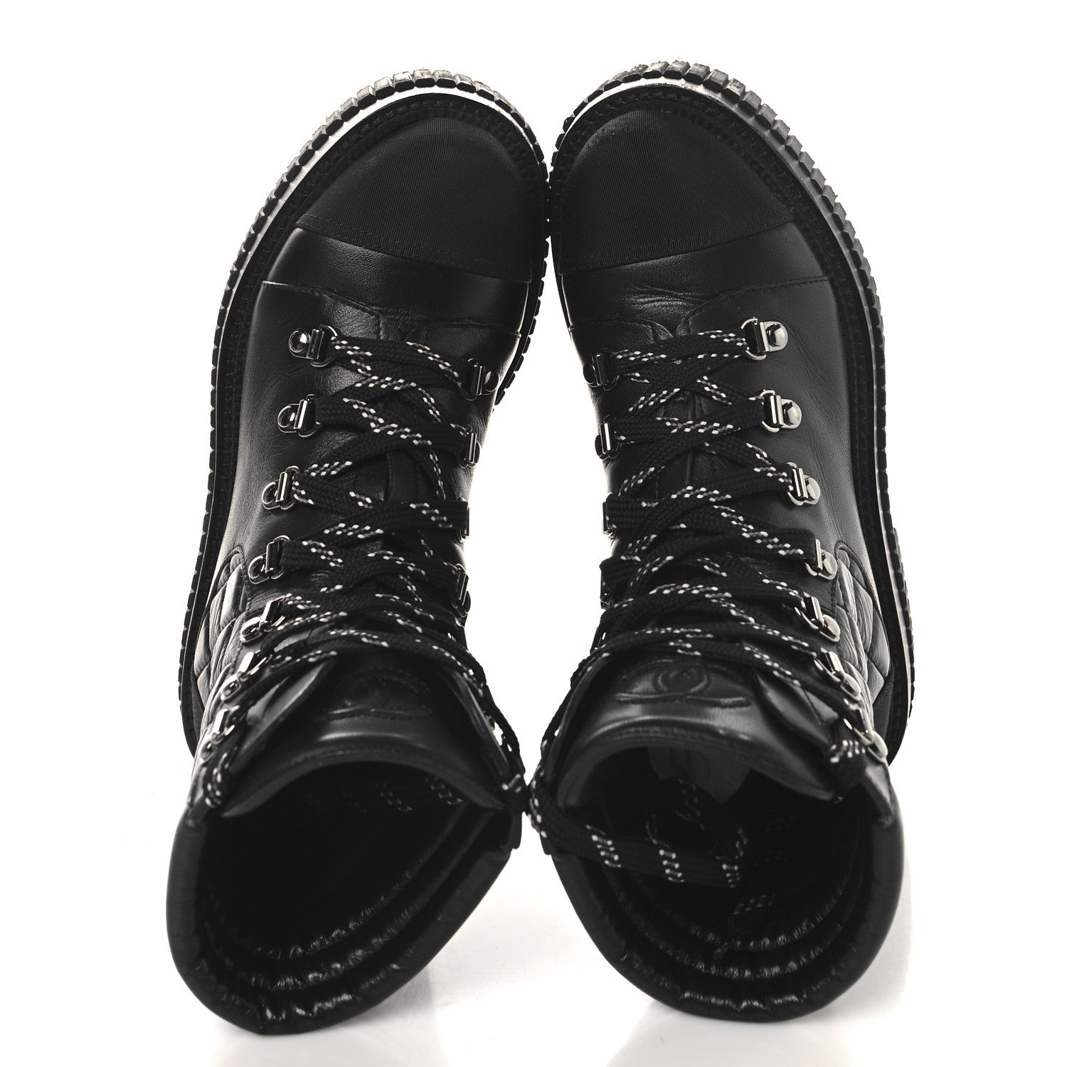 Chanel Calfskin Grosgrain Quilted Lace Up Boots 35 Black Grey 2 of 9