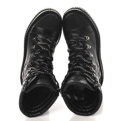 Chanel Calfskin Grosgrain Quilted Lace Up Boots 35 Black Grey 2 of 9