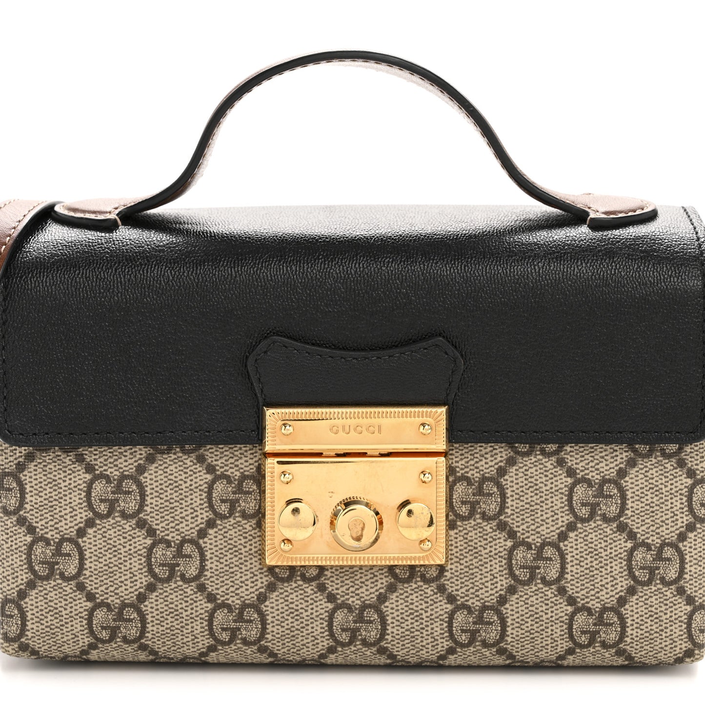 GG Supreme Monogram Calfskin Mini Padlock Top Handle Shoulder Bag Beige Black Cuir
