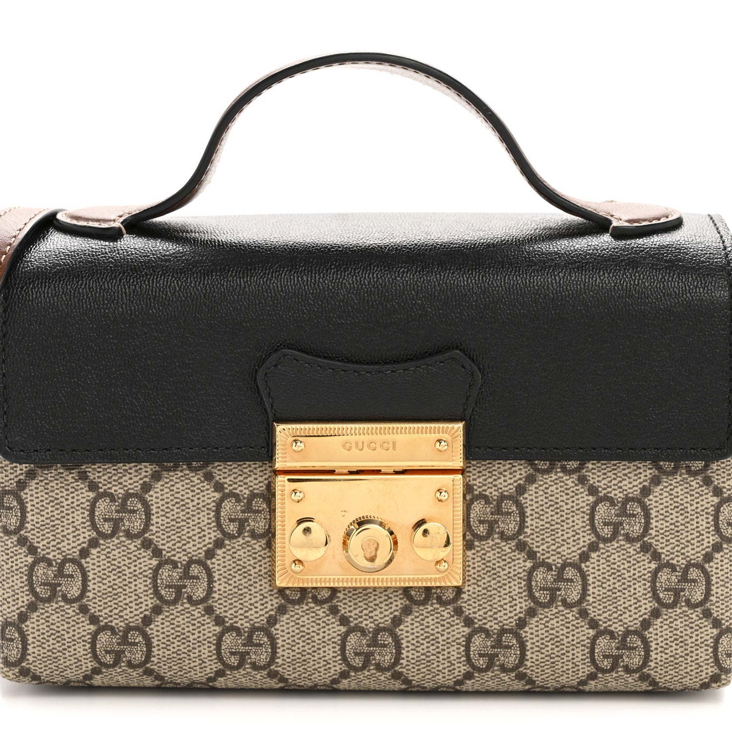 Gucci GG Supreme Monogram Calfskin Mini Padlock Top Handle Shoulder Bag Beige Black Cuir 8 of 12