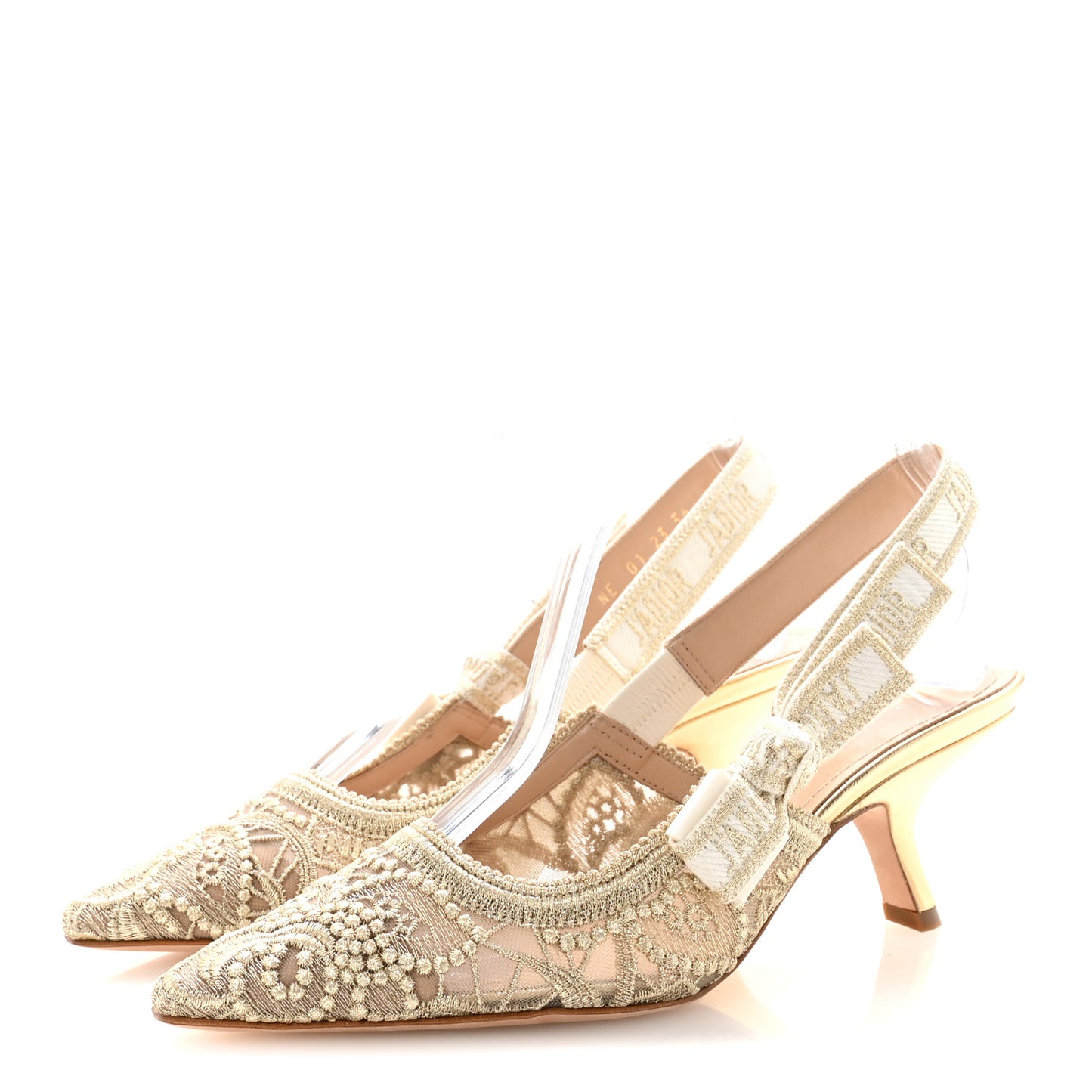 Transparent Metallic Embroidered Mesh Macrame Constantine Embroidered J'Adior Slingback 65mm Pumps 36 Pale Gold
