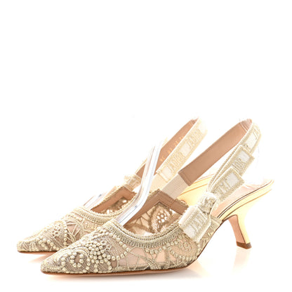 Christian Dior Transparent Metallic Embroidered Mesh Macrame Constantine Embroidered J'Adior Slingback 65mm Pumps 36 Pale Gold 4 of 10