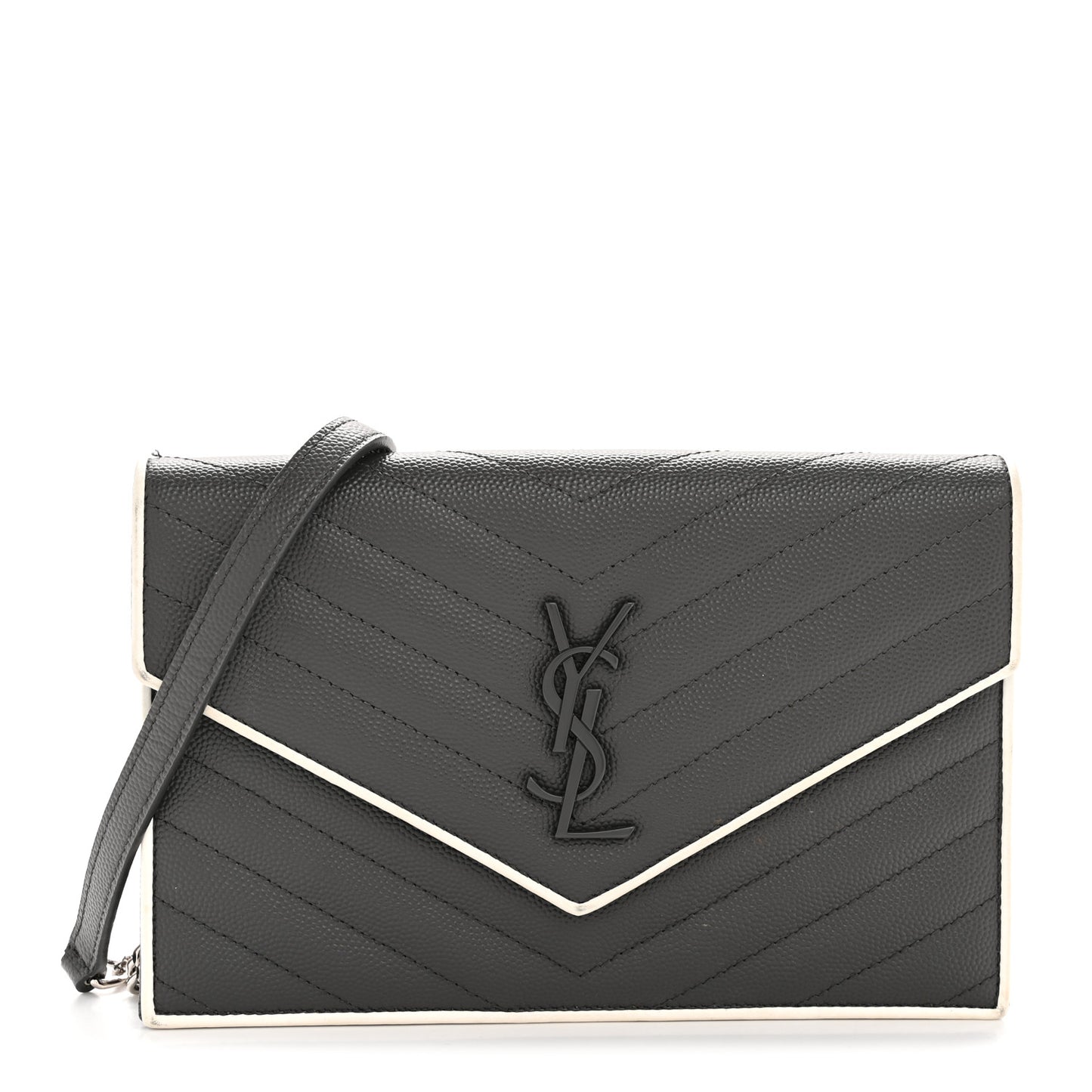 Grain De Poudre Matelasse Chevron Monogram Envelope Chain Wallet Asphalt White