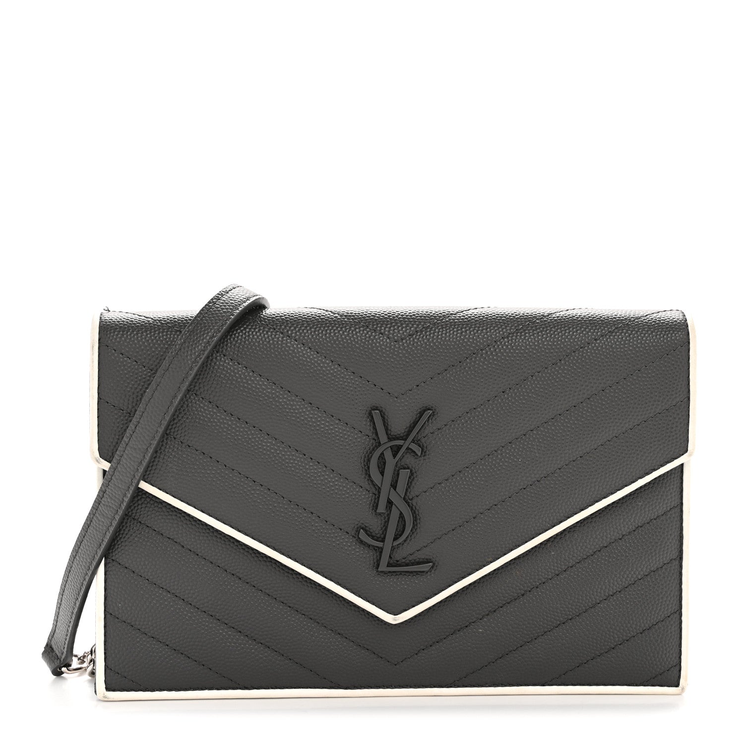 Saint Laurent Grain De Poudre Matelasse Chevron Monogram Envelope Chain Wallet Asphalt White 1 of 14