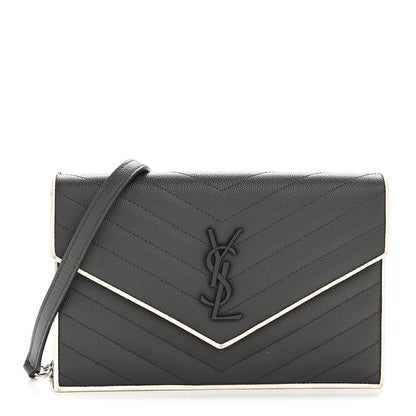 Saint Laurent Grain De Poudre Matelasse Chevron Monogram Envelope Chain Wallet Asphalt White 1 of 14