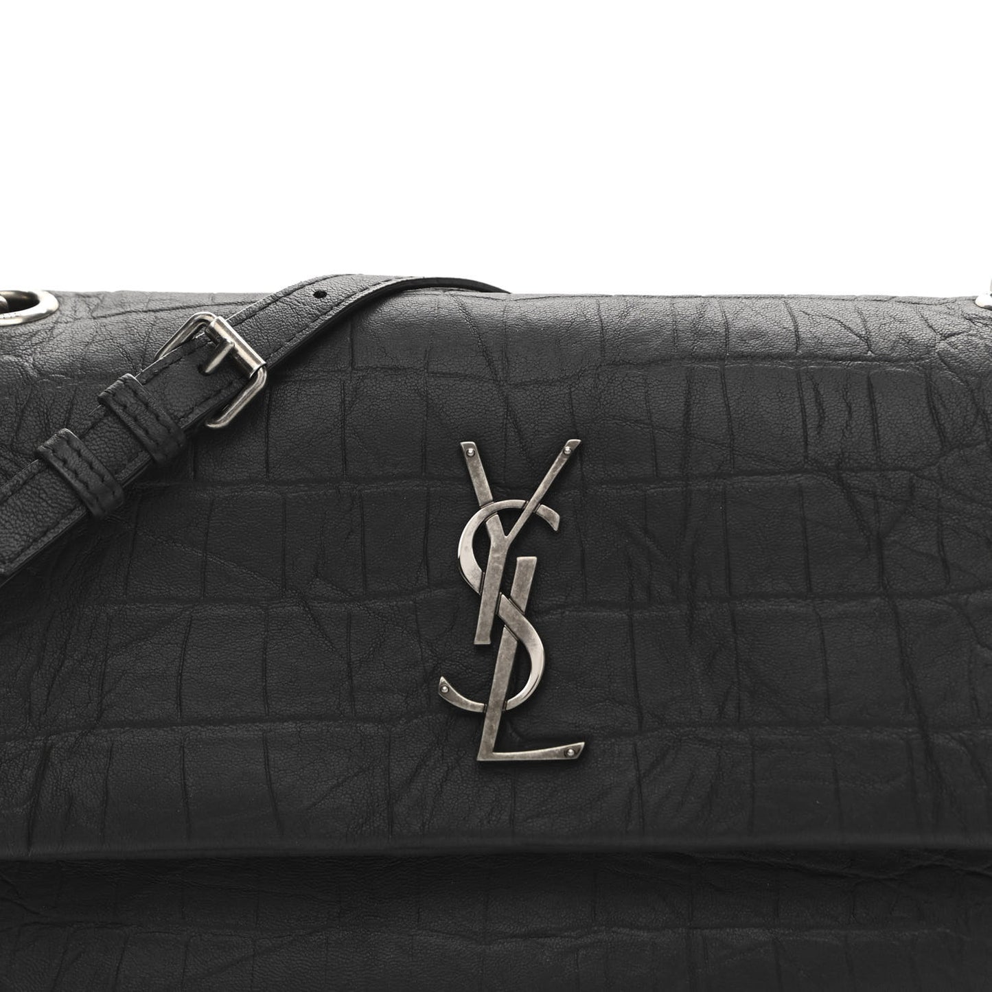 Calfskin Crocodile Embossed Medium West Hollywood Monogram Fold-Over Grey