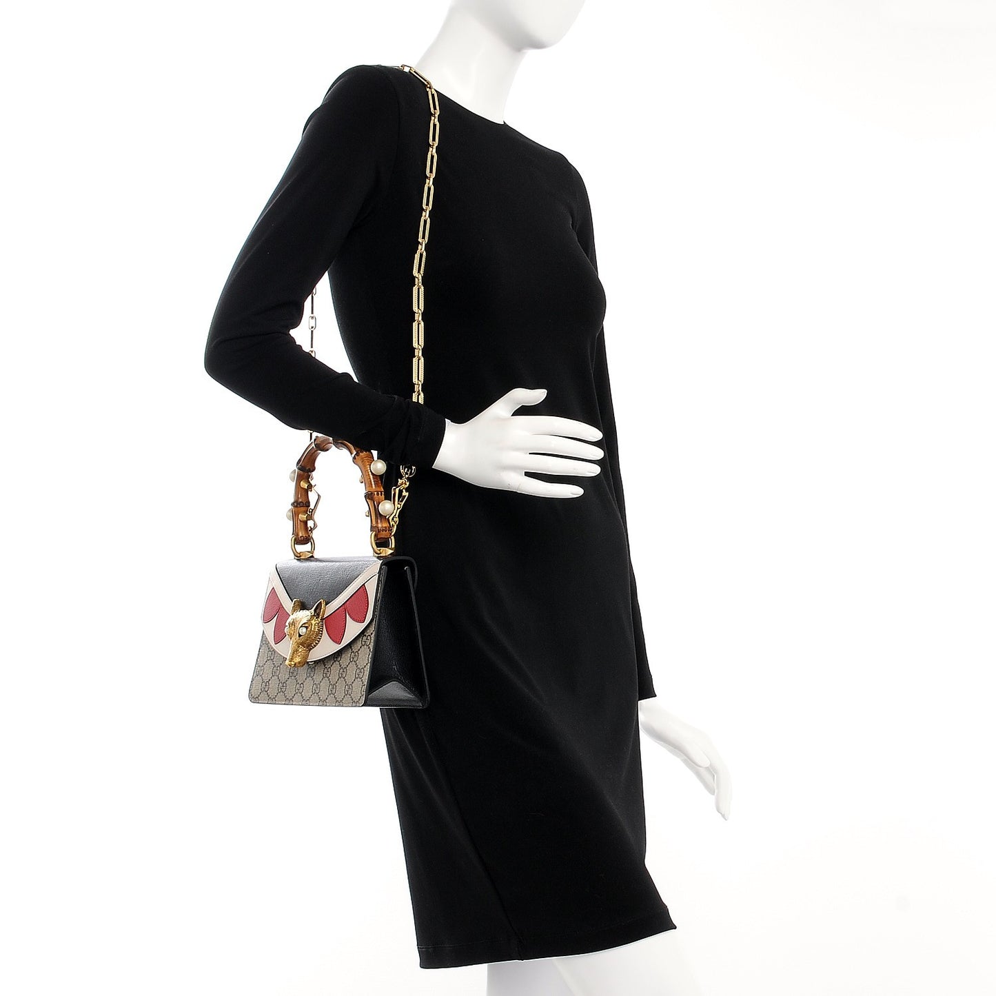 GG Supreme Monogram Goatskin Pearl Mini Fox Broche Bamboo Top Handle Bag Beige Ebony Black Hibiscus Red Mystic White