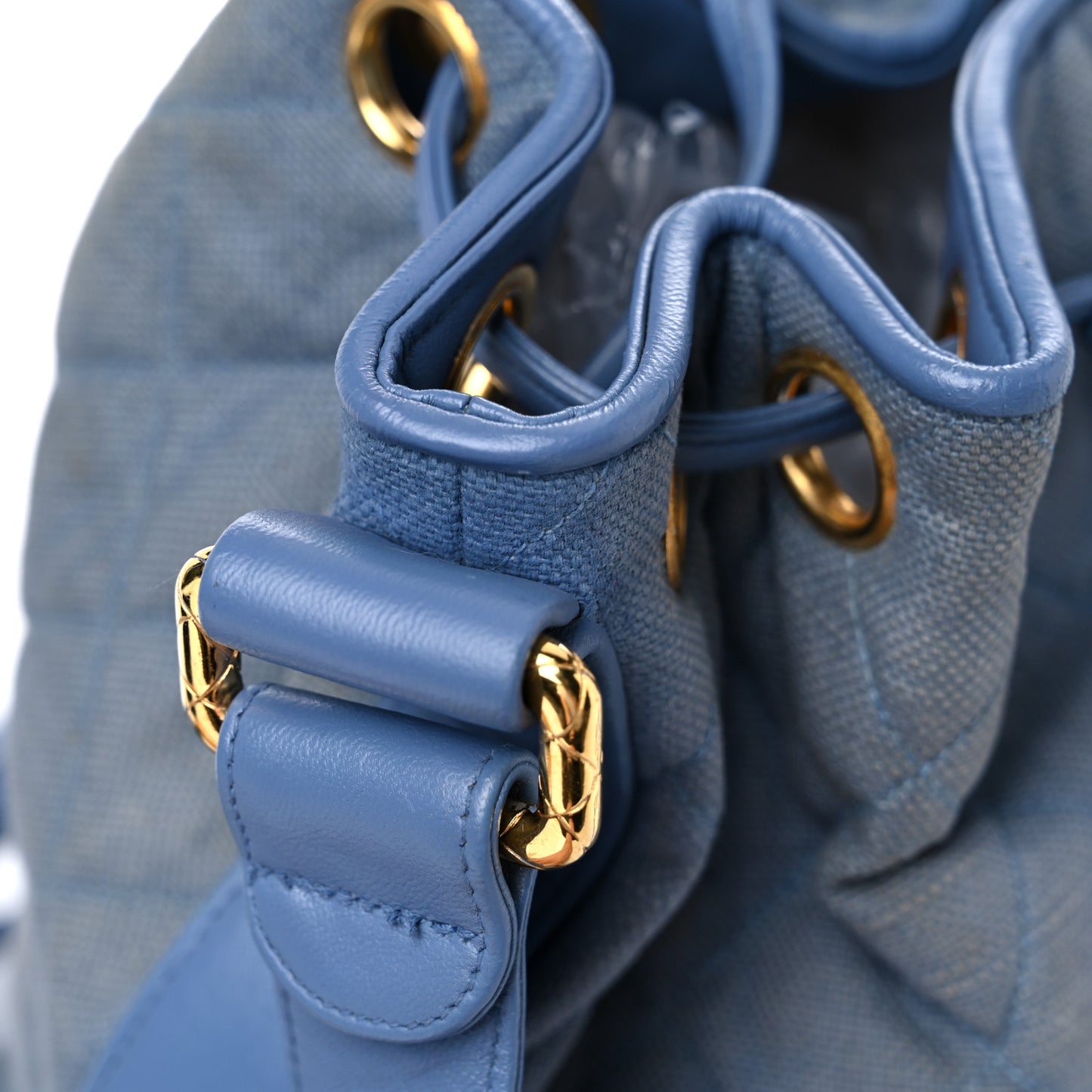 Canvas Quilted CC Drawstring Bucket Bag Blue