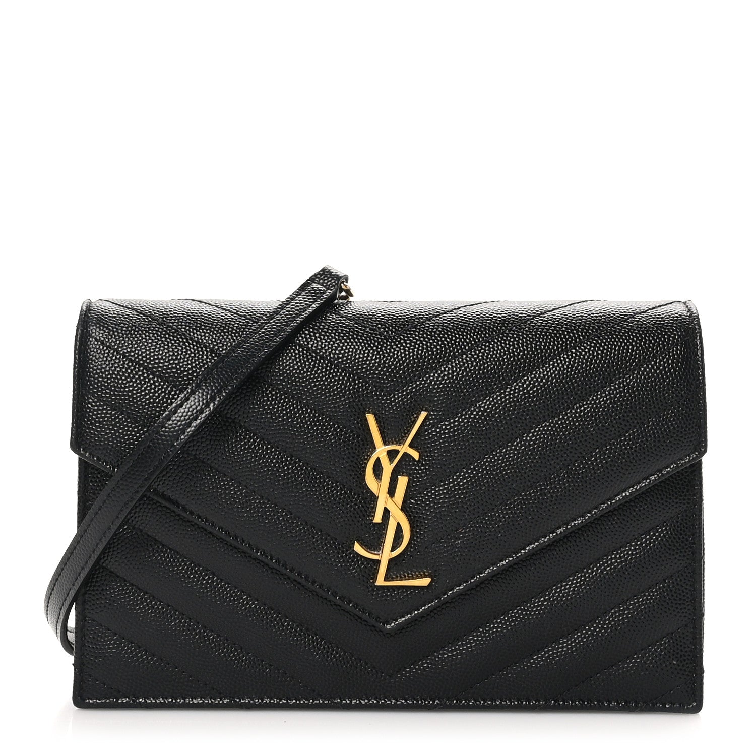 Saint Laurent Grain De Poudre Matelasse Chevron Monogram Envelope Chain Wallet Black 1 of 9