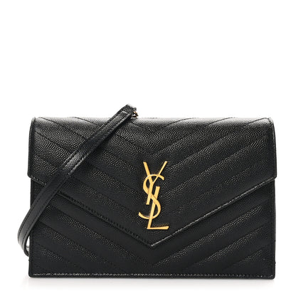 Saint Laurent Grain De Poudre Matelasse Chevron Monogram Envelope Chain Wallet Black 1 of 9