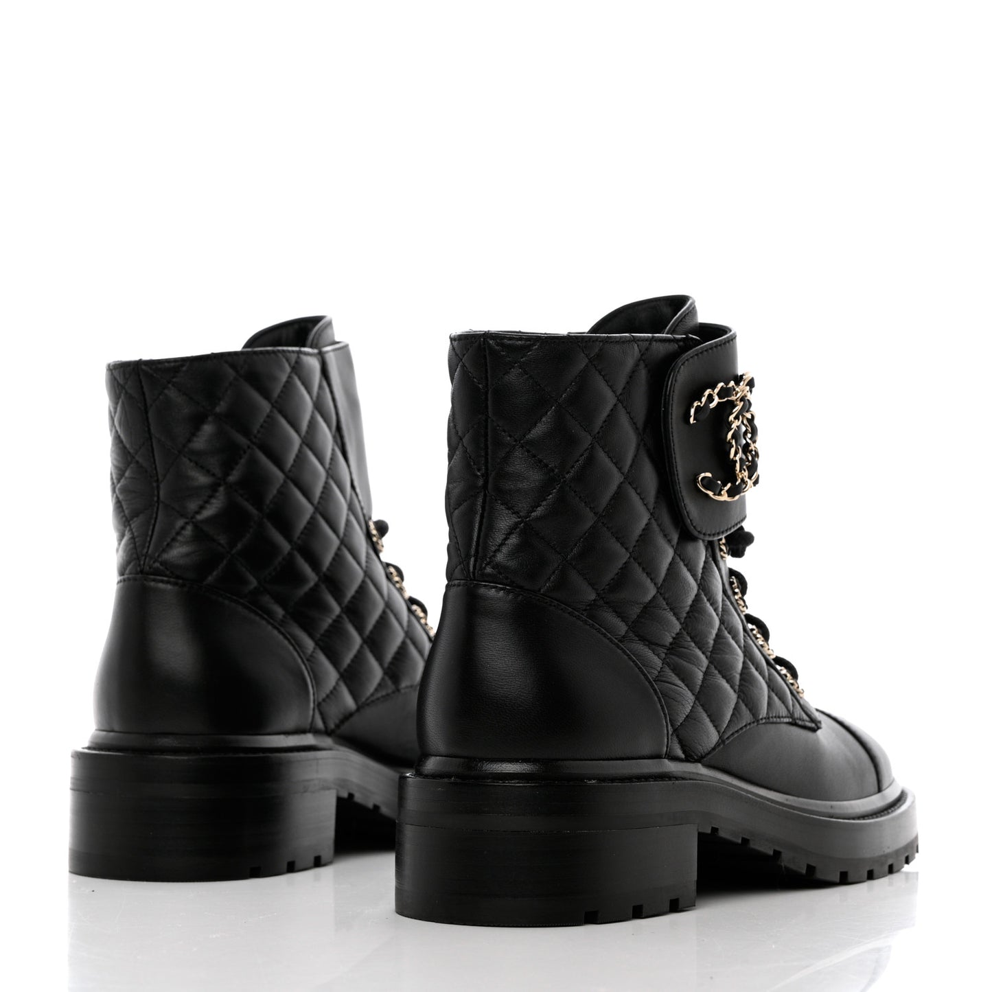 Shiny Lambskin Quilted Lace Up Combat Boots 38.5 Black