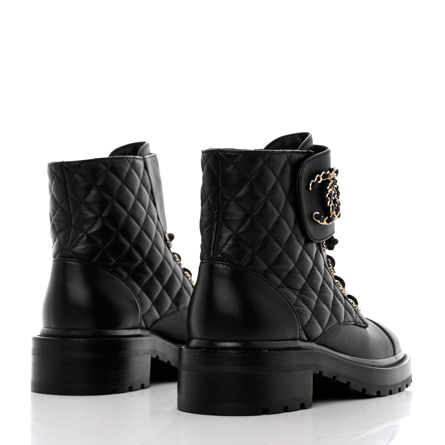 Chanel Shiny Lambskin Quilted Lace Up Combat Boots 38.5 Black 4 of 12
