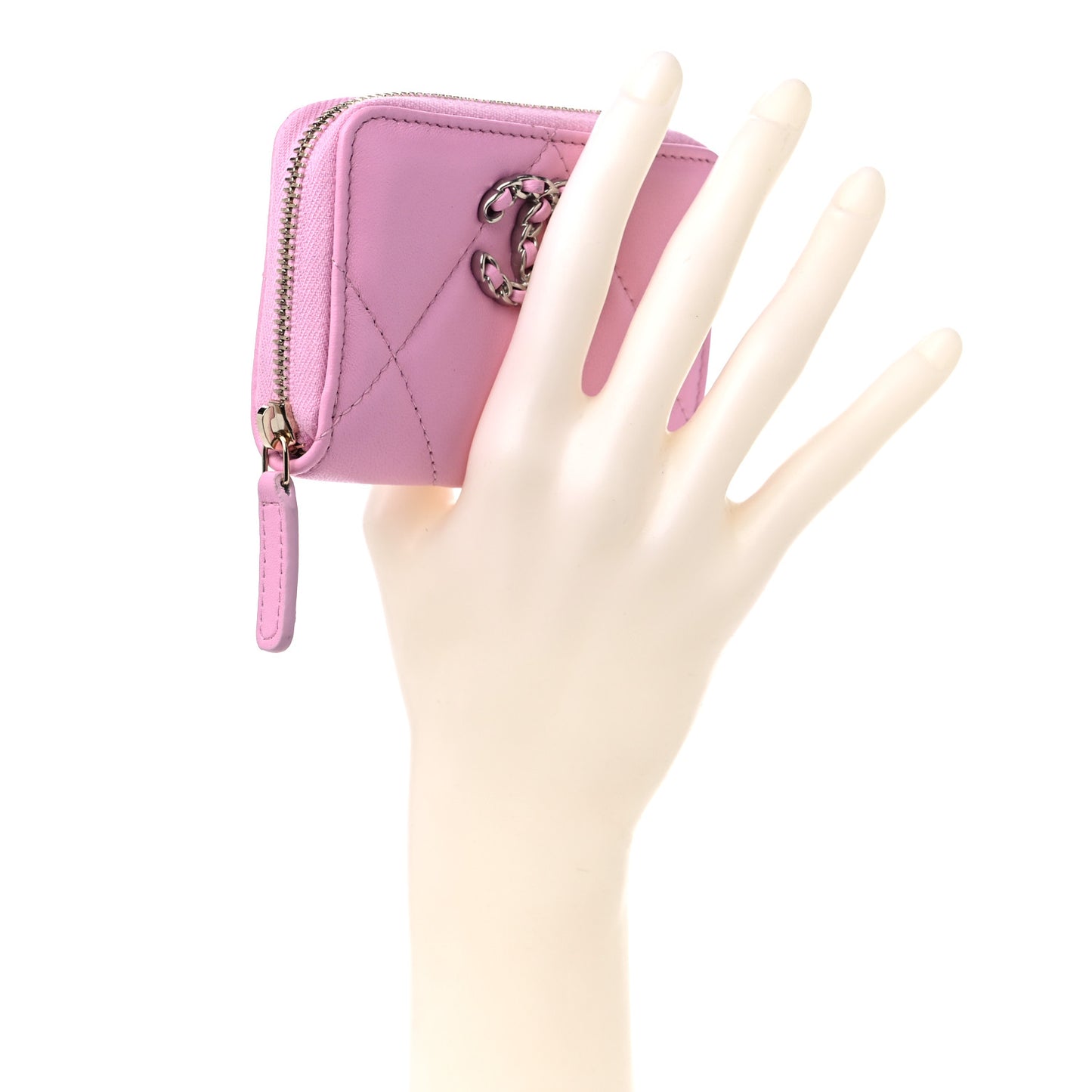 Lambskin Quilted Chanel 19 Zip Around Coin Purse Wallet Light Pink
