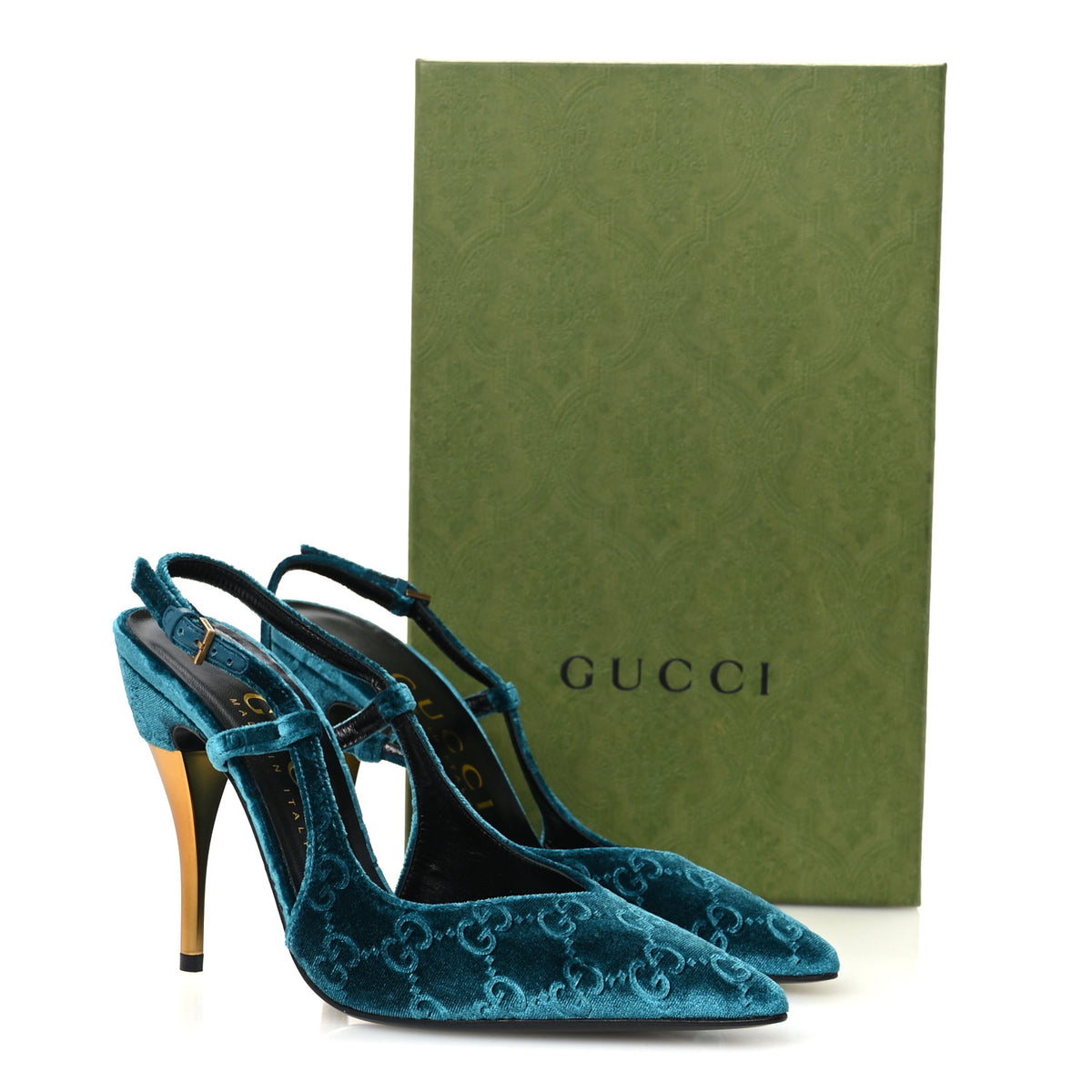 Velvet GG Monogram Slingback 115mm Pumps 37.5 Peacock