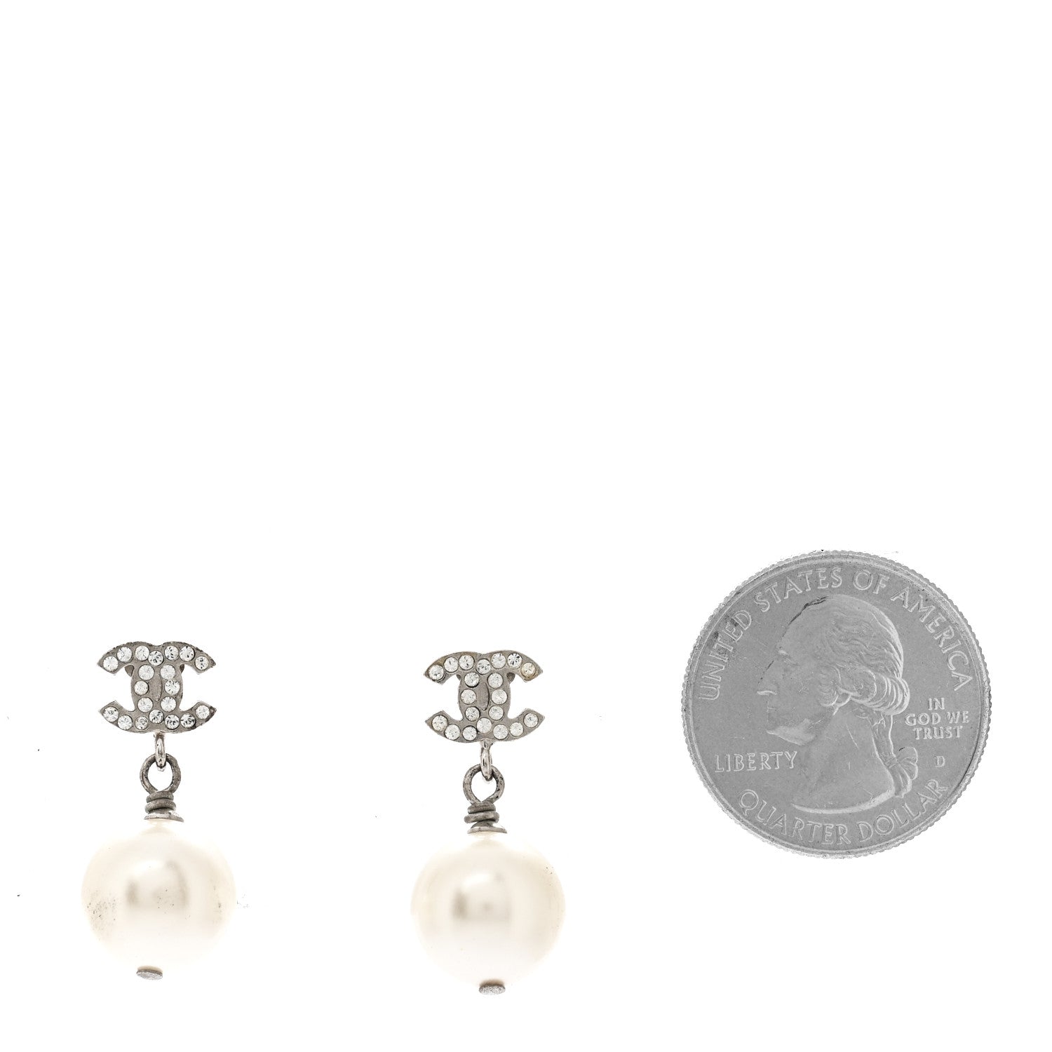 Chanel Crystal Pearl CC Drop Earrings Silver Pearly White 2 of 6