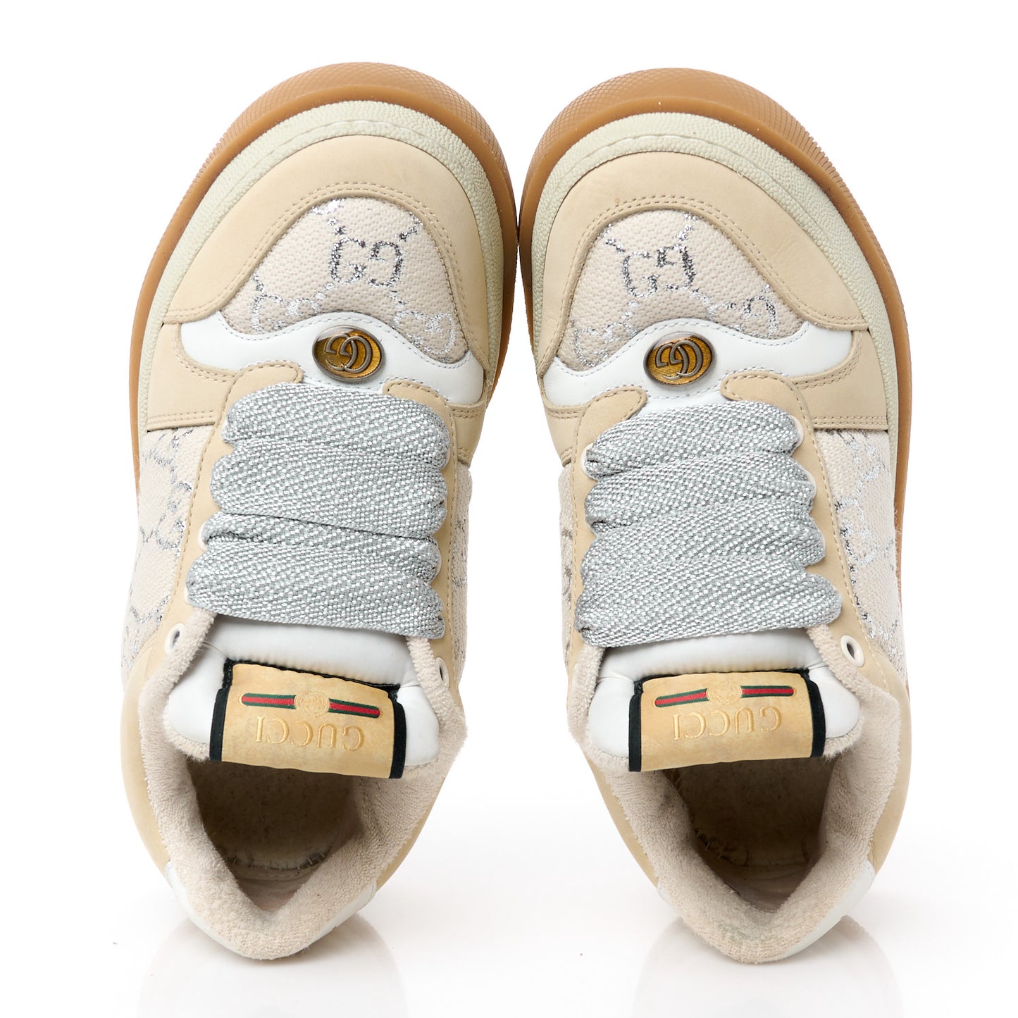 Lame Canvas Nubuck GG Monogram Womens Screener 50mm Sneakers 35 Gardenia Silver Dusty Milk White Mystic White