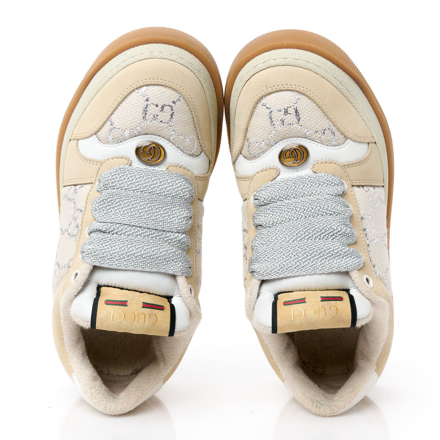 Gucci Lame Canvas Nubuck GG Monogram Womens Screener 50mm Sneakers 35 Gardenia Silver Dusty Milk White Mystic White 2 of 8