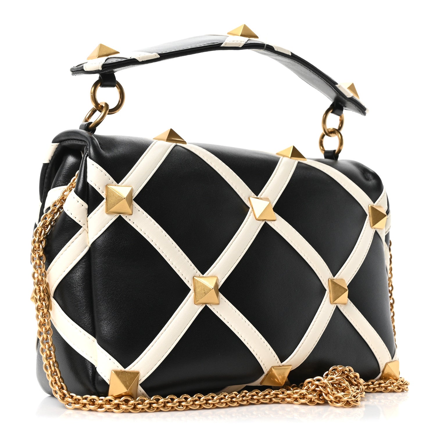 Valentino Garavani Nappa Large Roman Stud Shoulder Bag Black White 2 of 8