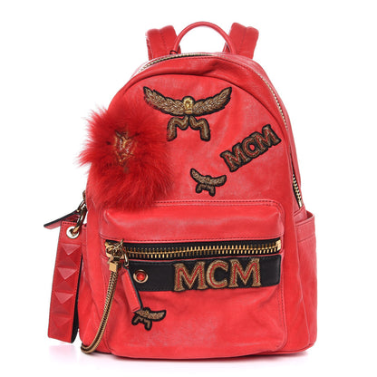 MCM Lambskin Fox Fur Small Stark Insignia Backpack Red 1 of 9