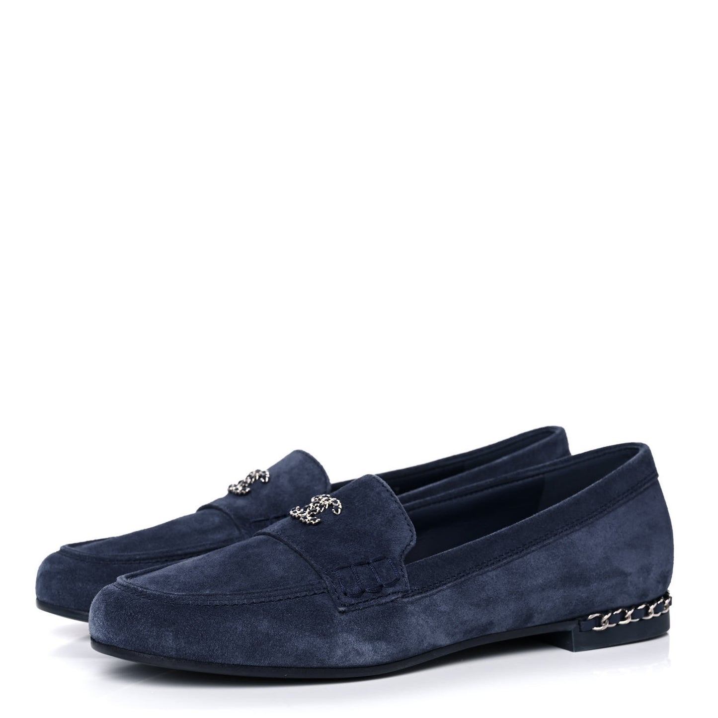 Suede Calfskkin CC Chain Mocassin Loafers 39 Dark Blue