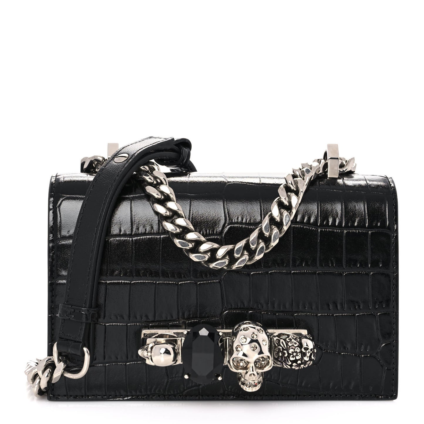 Shiny Crocodile Embossed Jeweled Satchel Black