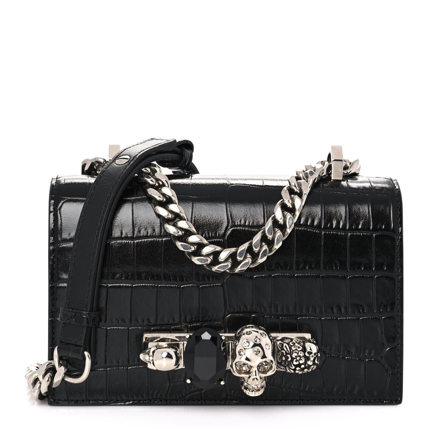 Alexander McQueen Shiny Crocodile Embossed Jeweled Satchel Black 1 of 9