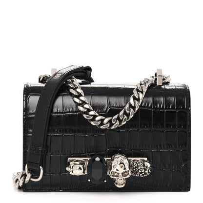 Alexander McQueen Shiny Crocodile Embossed Jeweled Satchel Black 1 of 9
