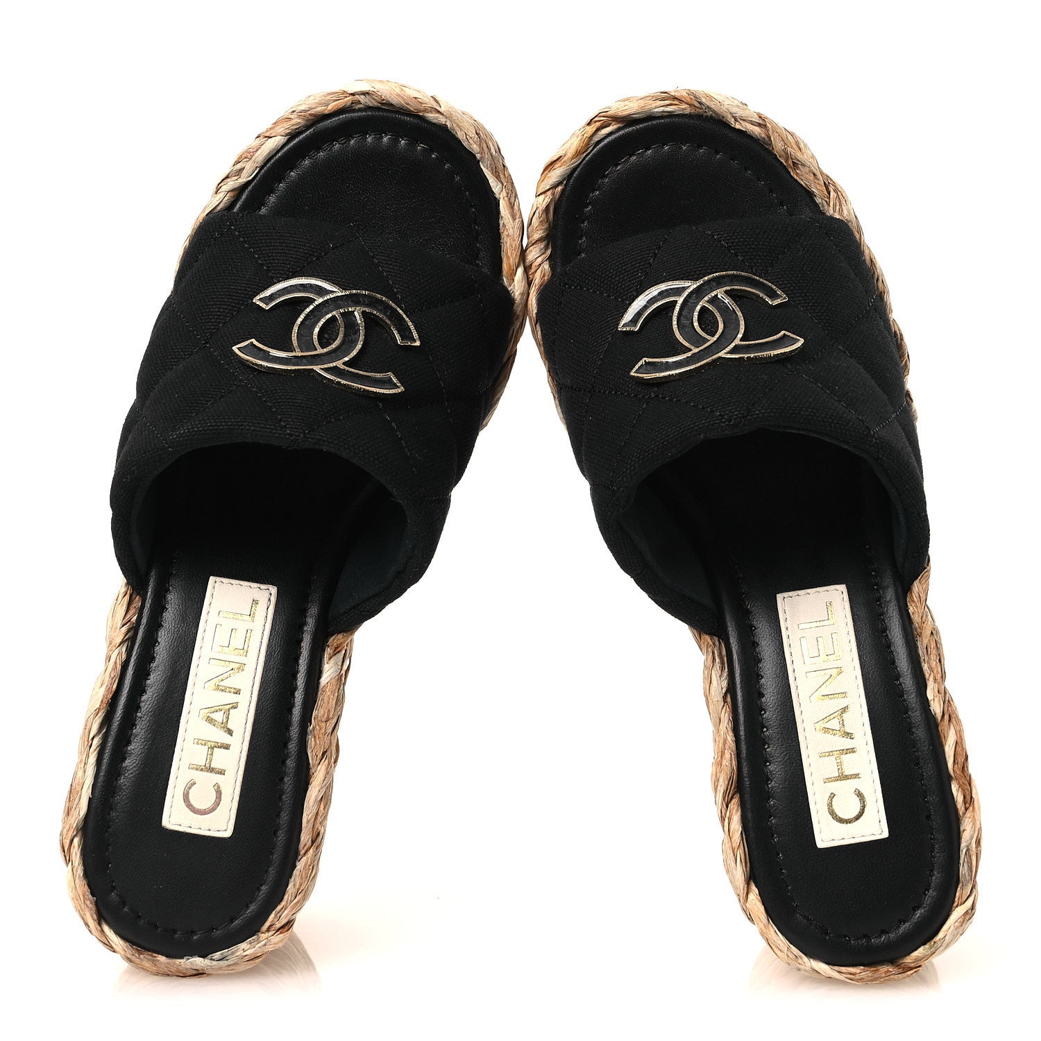 Chanel Canvas Raffia Wedge Sandals 35 Black 2 of 10