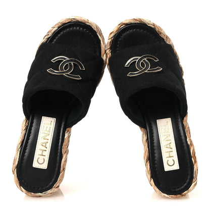 Chanel Canvas Raffia Wedge Sandals 35 Black 2 of 10