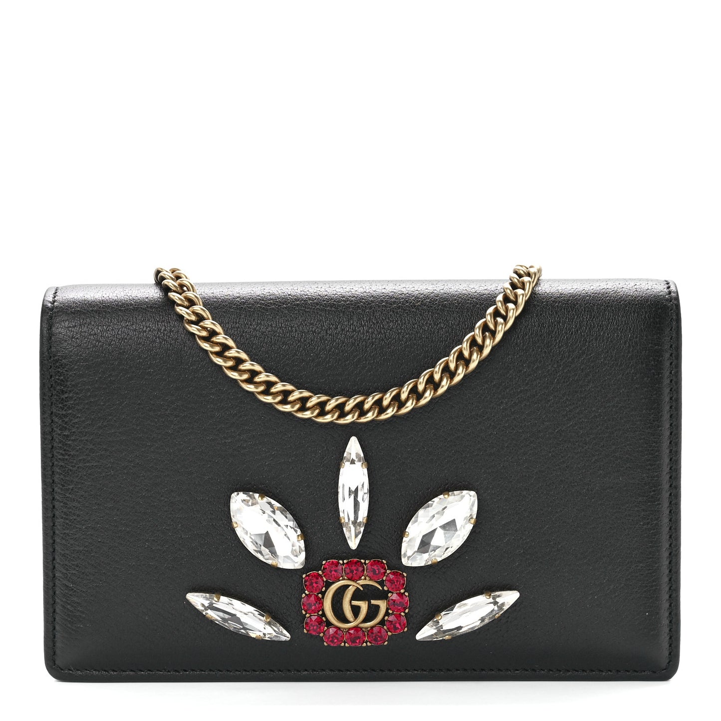 Calfskin Marquise Crystals Mini GG Chain Wallet Black