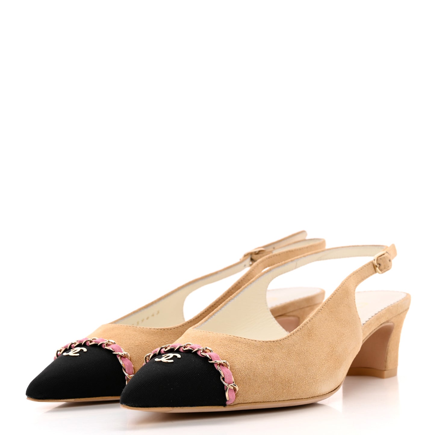 Suede Grosgrain Cap Toe CC Chain Slingback Pumps 37.5 Beige Black Pink