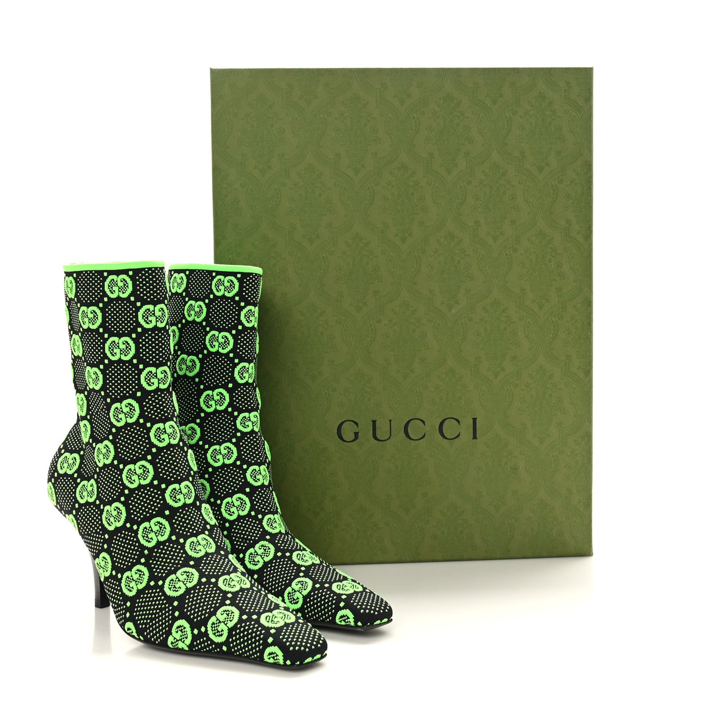 Technical Jersey Knit GG Monogram Square G 75mm Ankle Boots 38.5 Black Neon Green