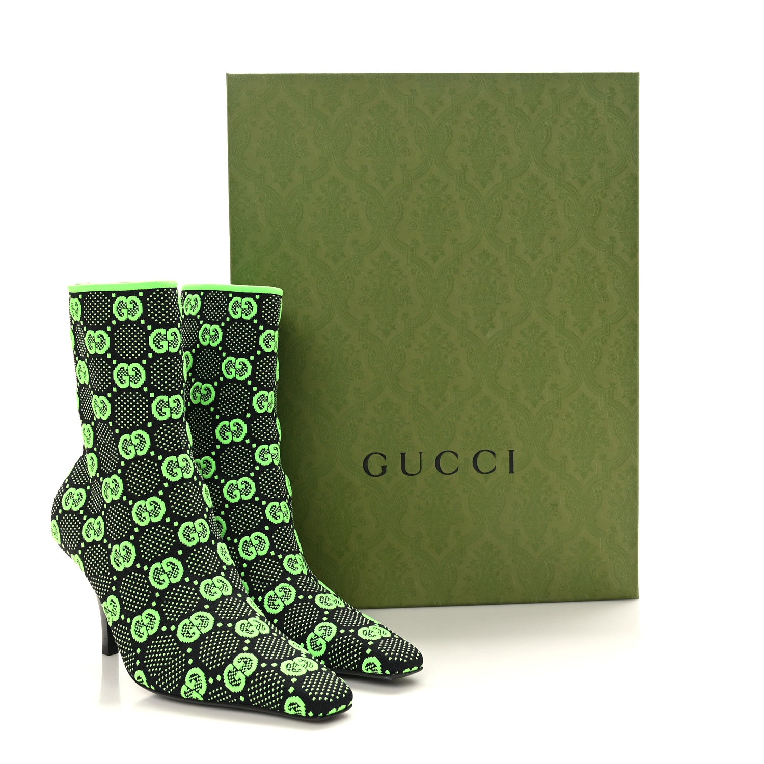 Gucci Technical Jersey Knit GG Monogram Square G 75mm Ankle Boots 38.5 Black Neon Green 7 of 7