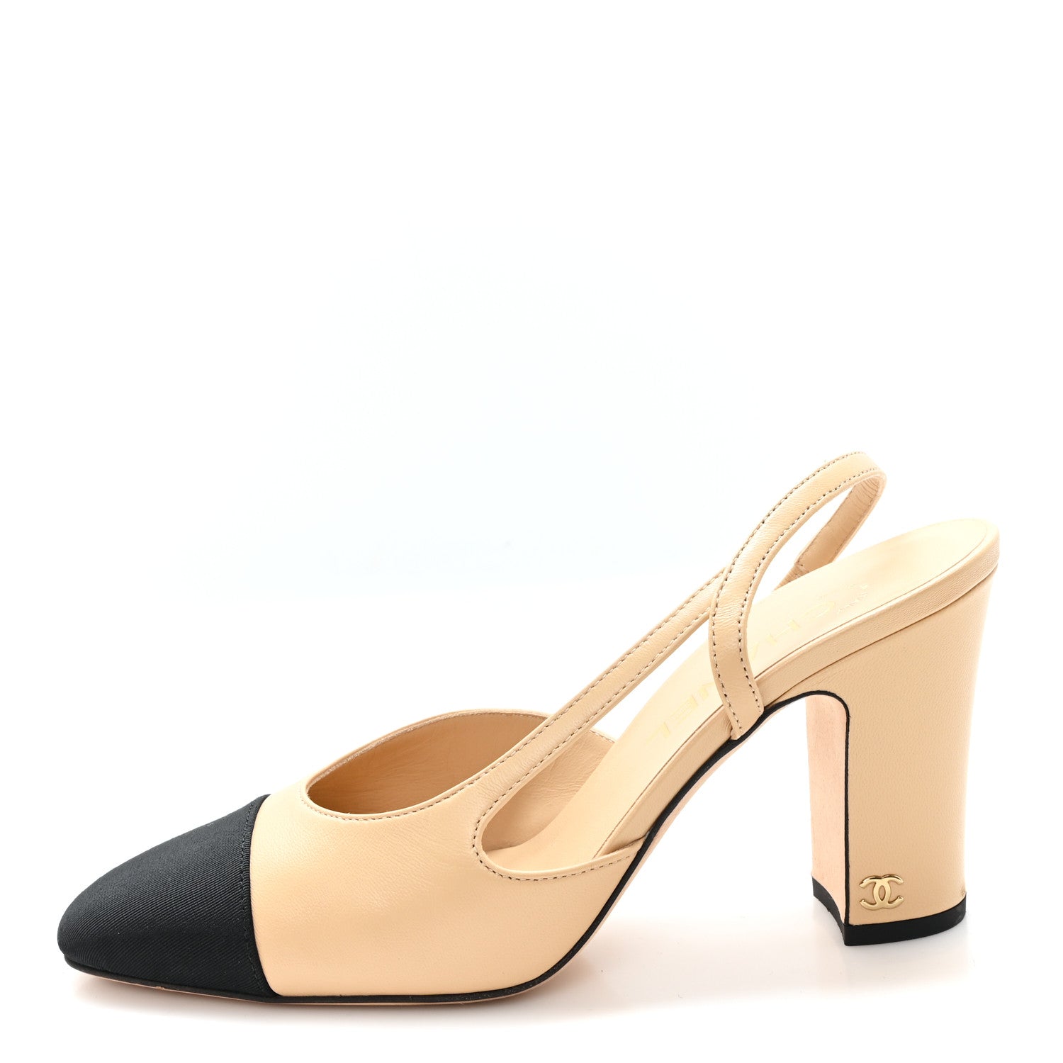 Chanel Goatskin Grosgrain Cap Toe CC Slingback Pumps 37 Beige Black 1 of 9