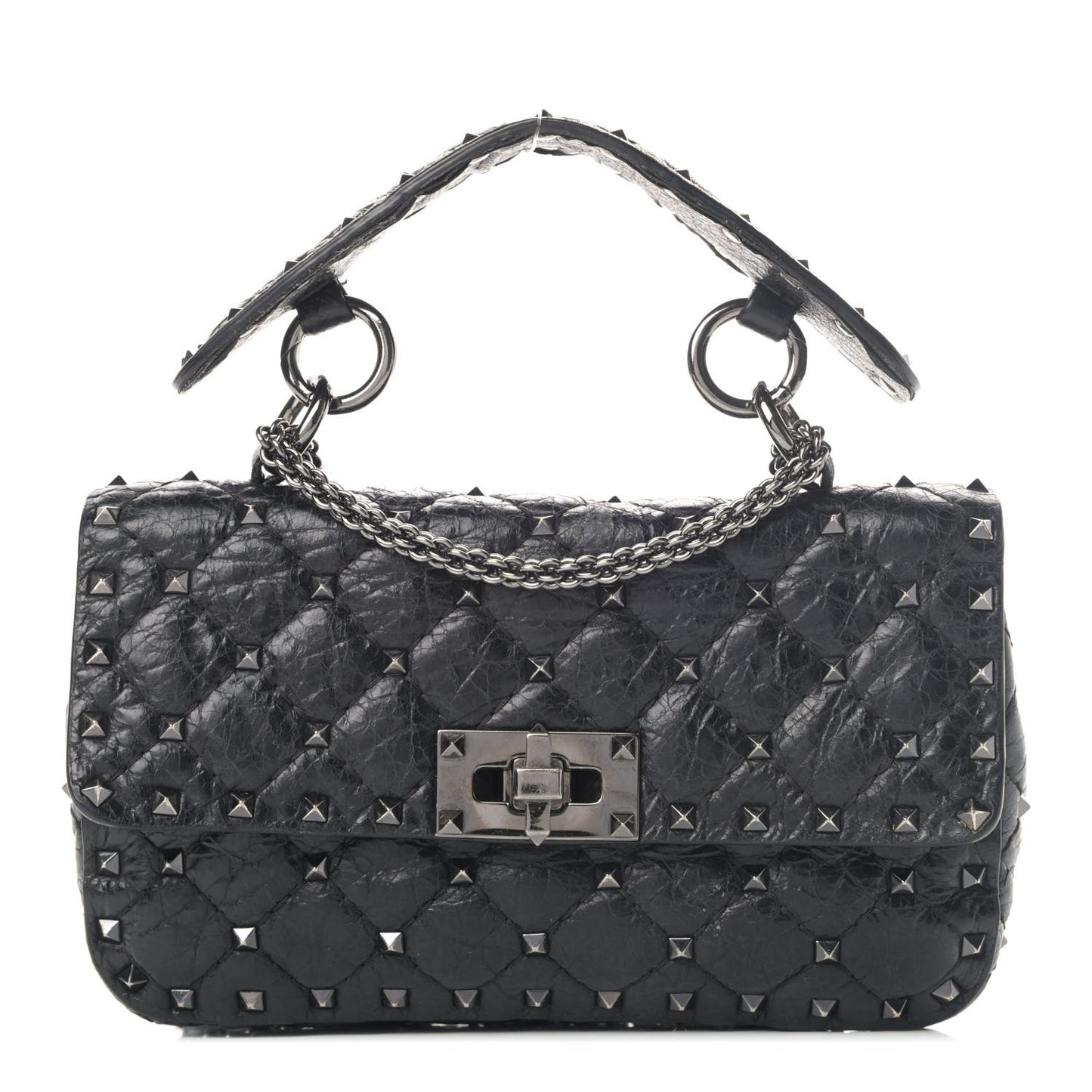 Craquele Nappa Small Rockstud Spike Shoulder Bag Black