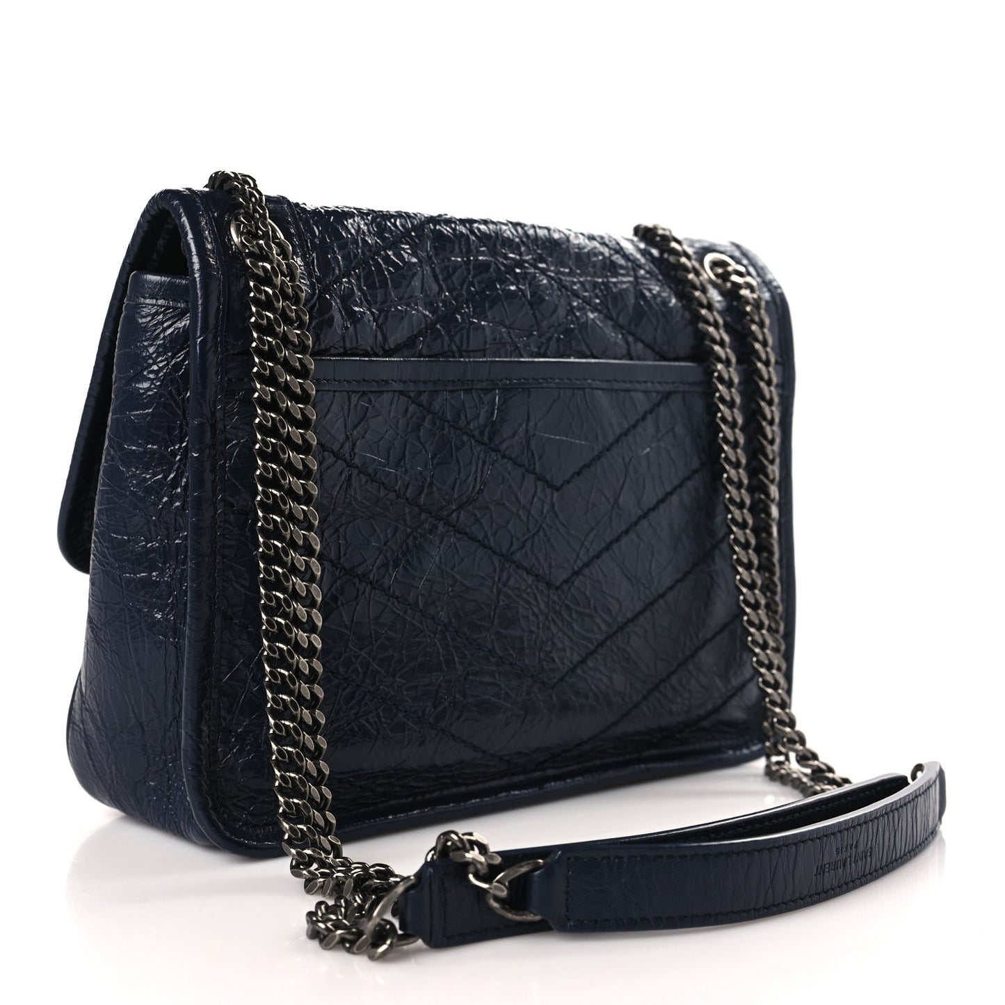 Crinkled Calfskin Matelasse Monogram Baby Niki Chain Satchel Navy