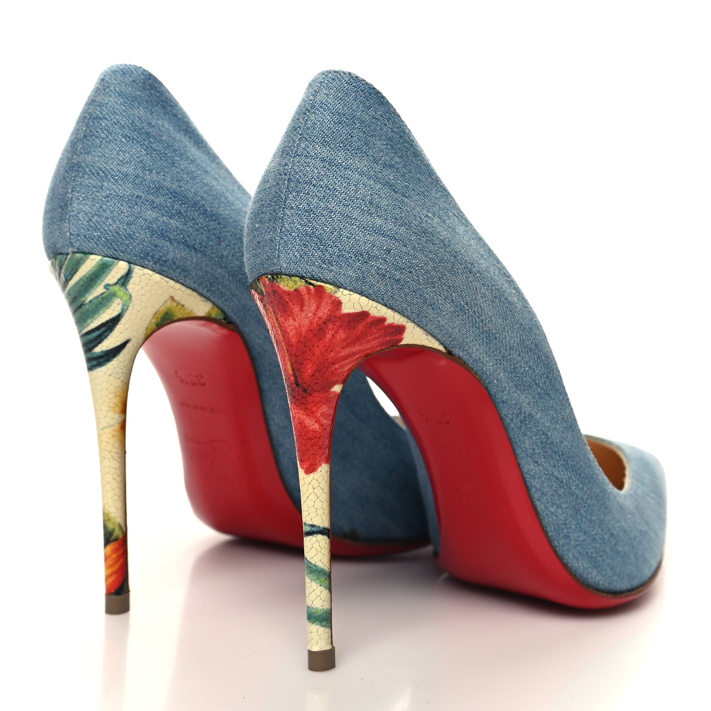 Denim Crackled Calfskin Hawaiian Print Pigalle Follies 100 Pumps 35.5 Blue White