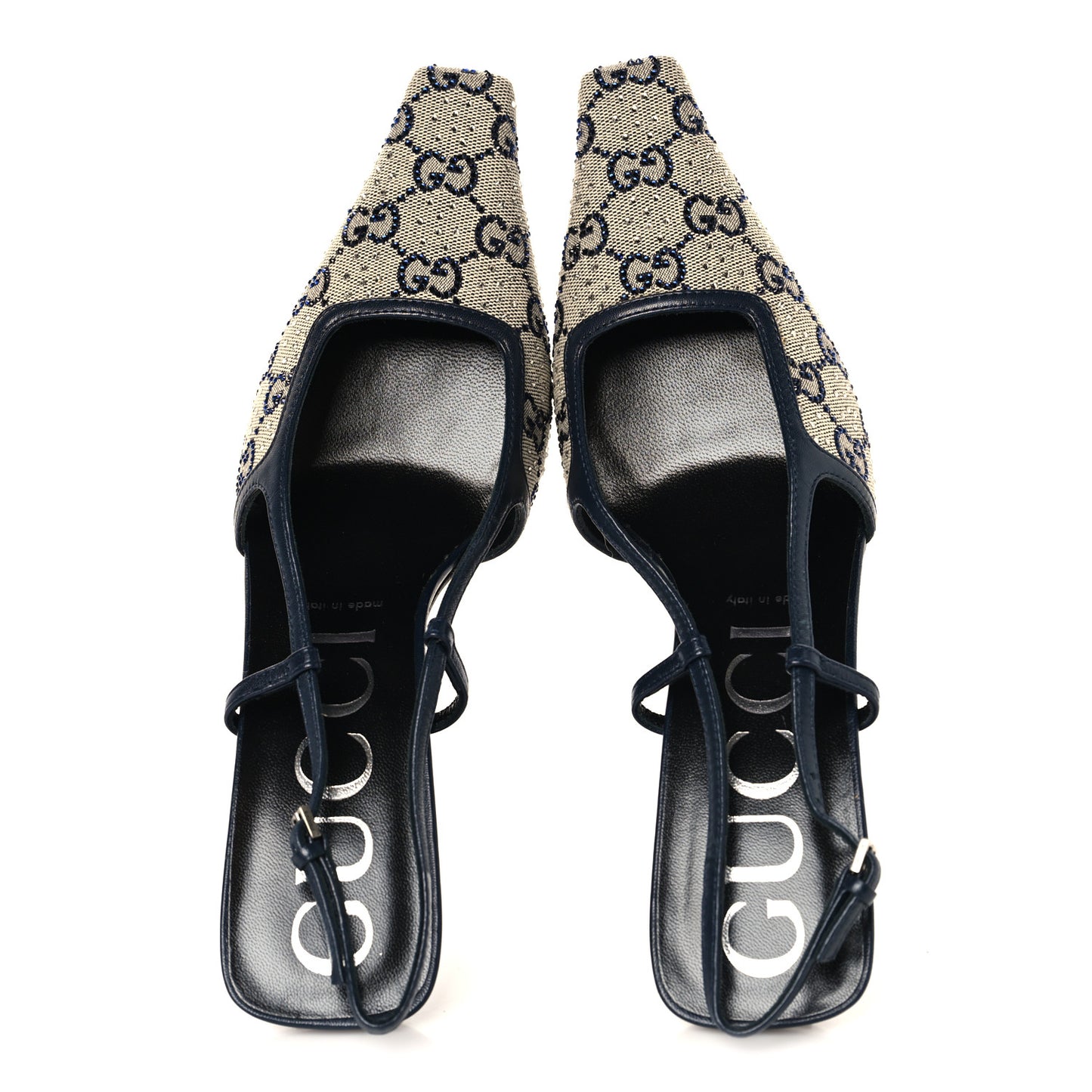 GG Monogram Malaga Kid Crystal Square G 75mm Slingback Pumps 40 Beige Blue