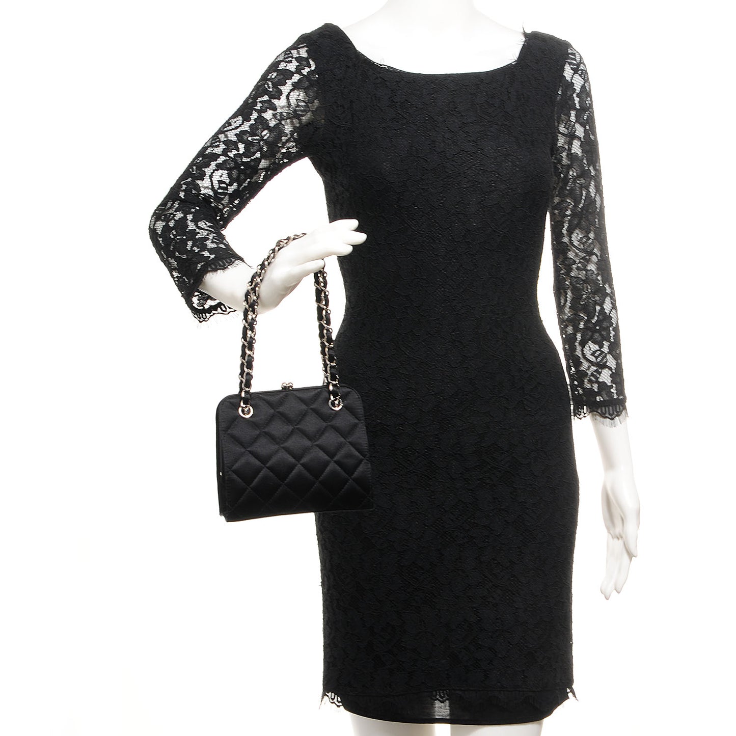 Satin Quilted CC Kiss Lock Evening Bag Black
