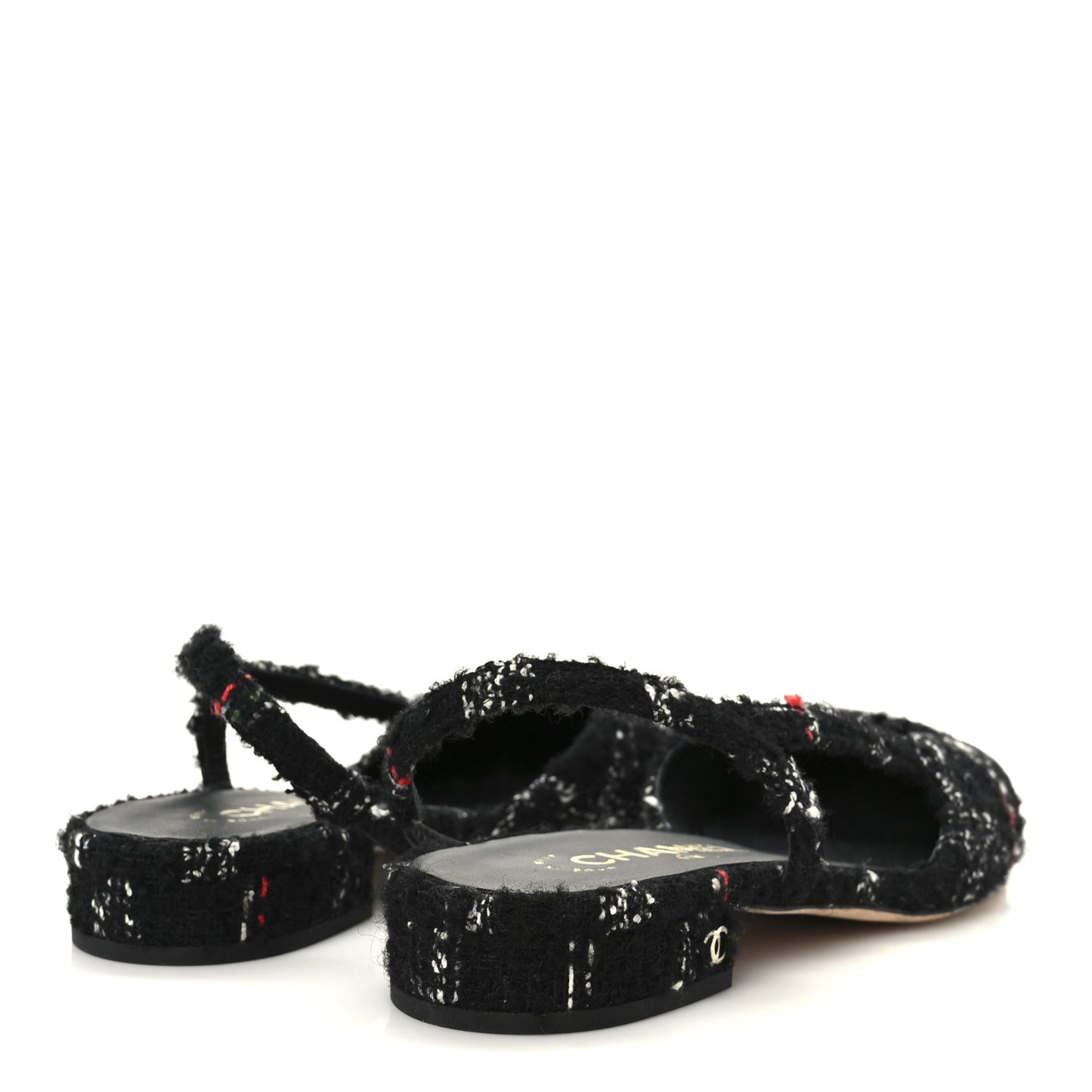 Tweed Lambskin Cap Toe CC Slingback Flats 39 Black White Multicolor
