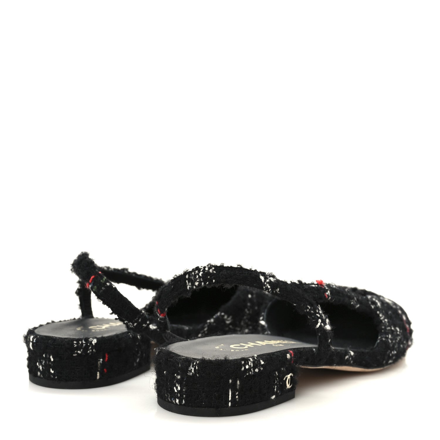 Chanel Tweed Lambskin Cap Toe CC Slingback Flats 39 Black White Multicolor 5 of 9