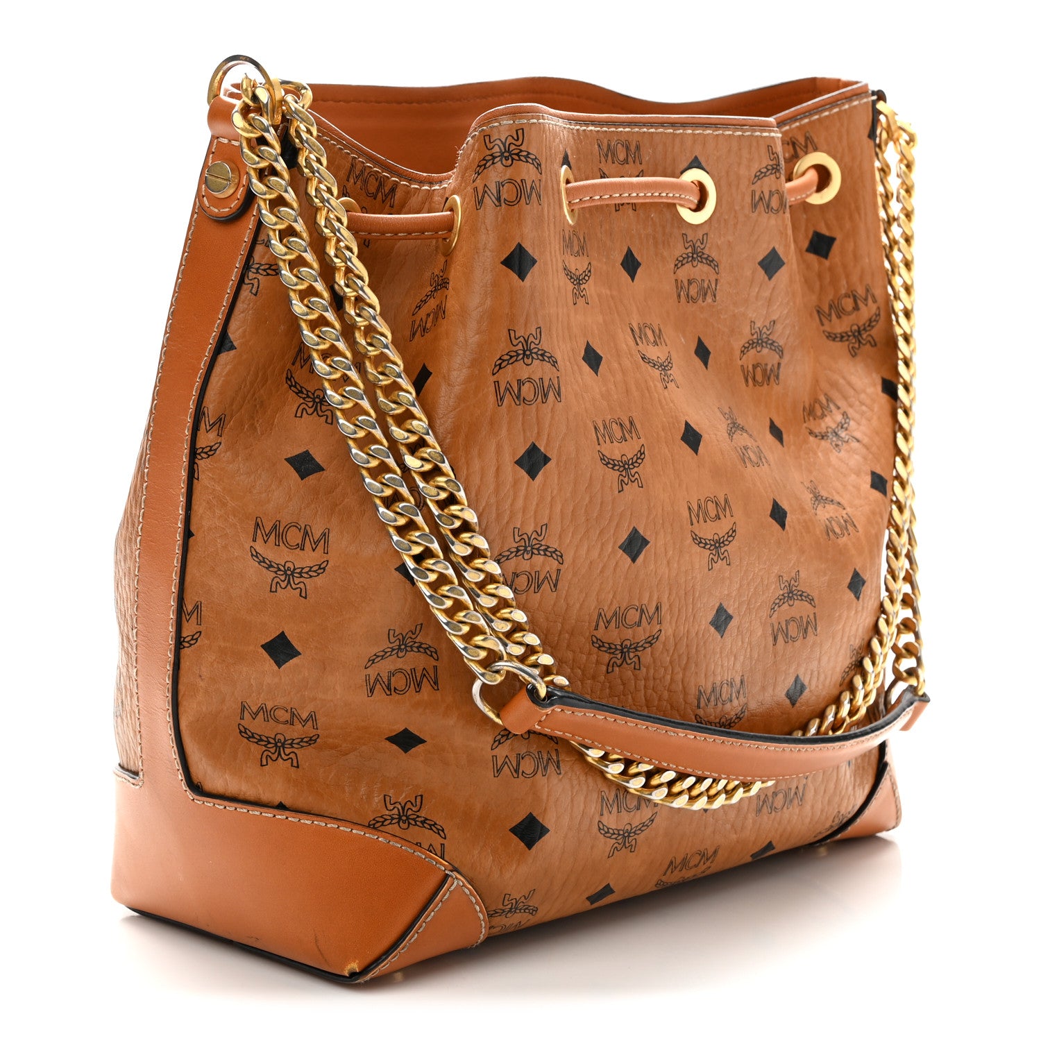 MCM Visetos Small Soft Berlin Drawstring Bucket Bag Cognac 3 of 12