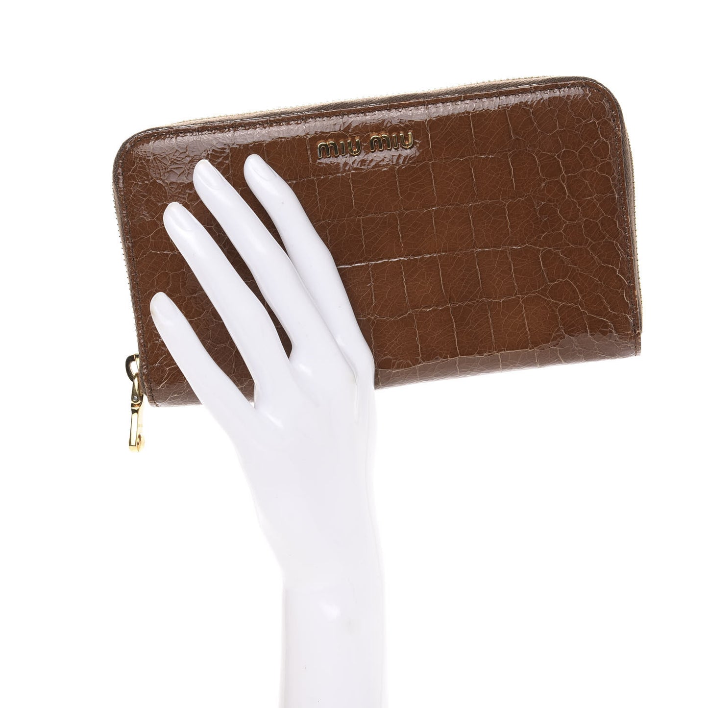 Vernice Crocodile Embossed Calfskin Zip Around Wallet Tobacco