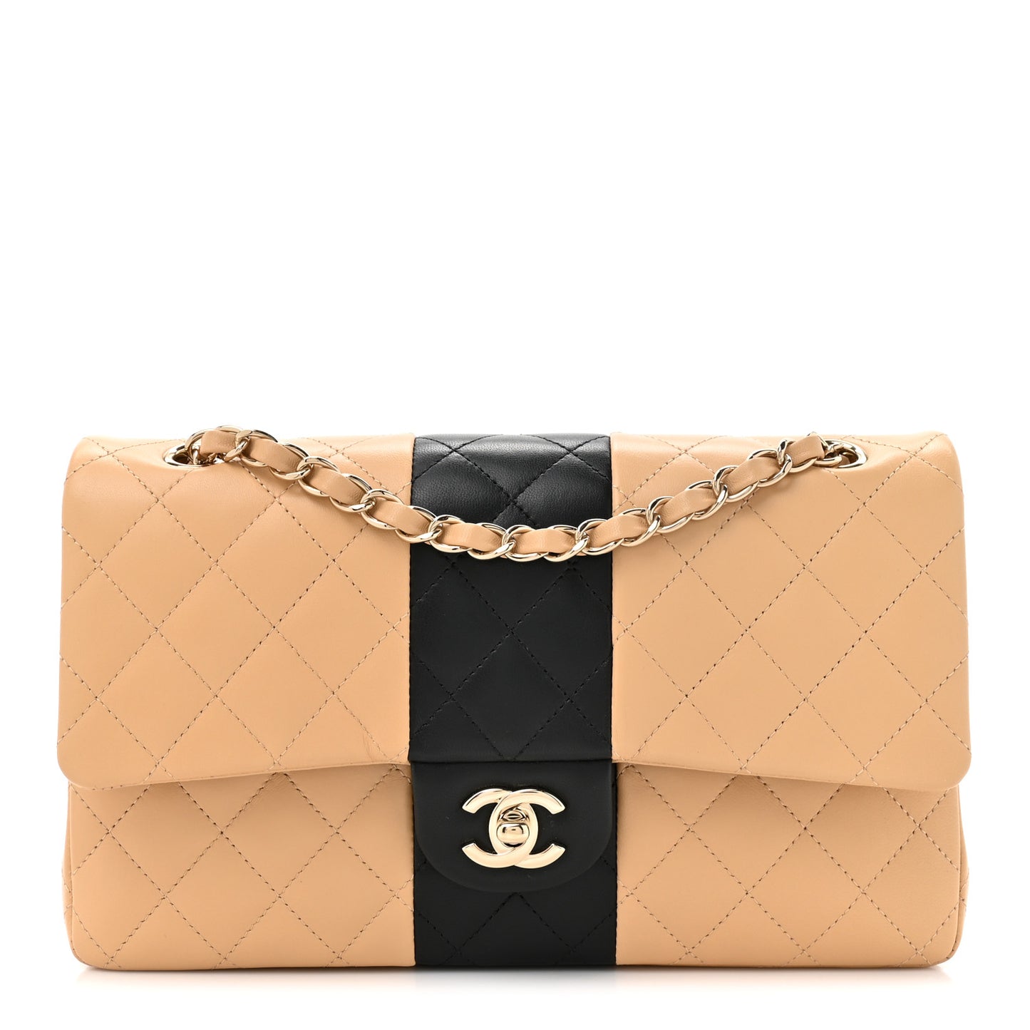 Lambskin Quilted Medium Double Flap Beige Black