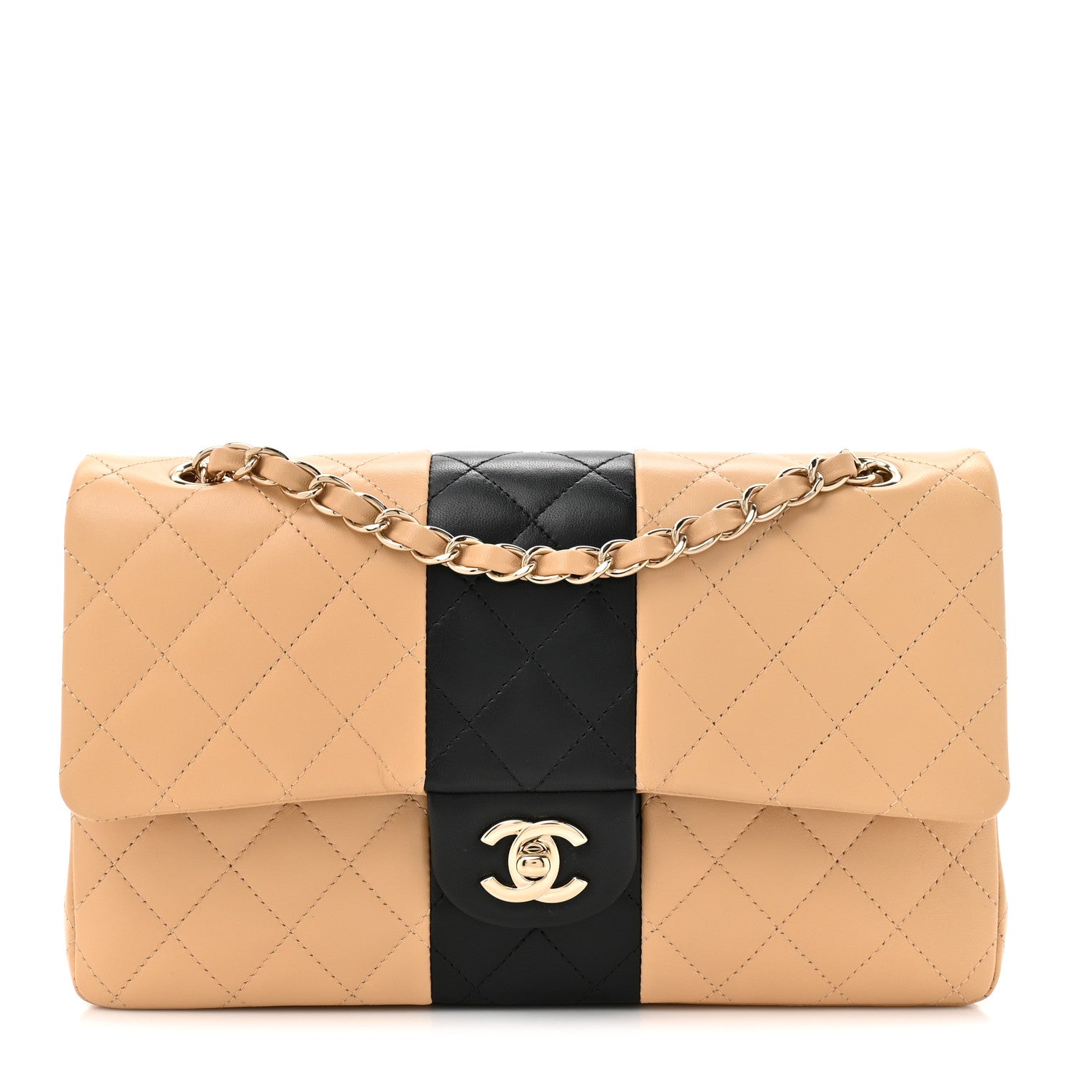 Chanel Lambskin Quilted Medium Double Flap Beige Black 1 of 10