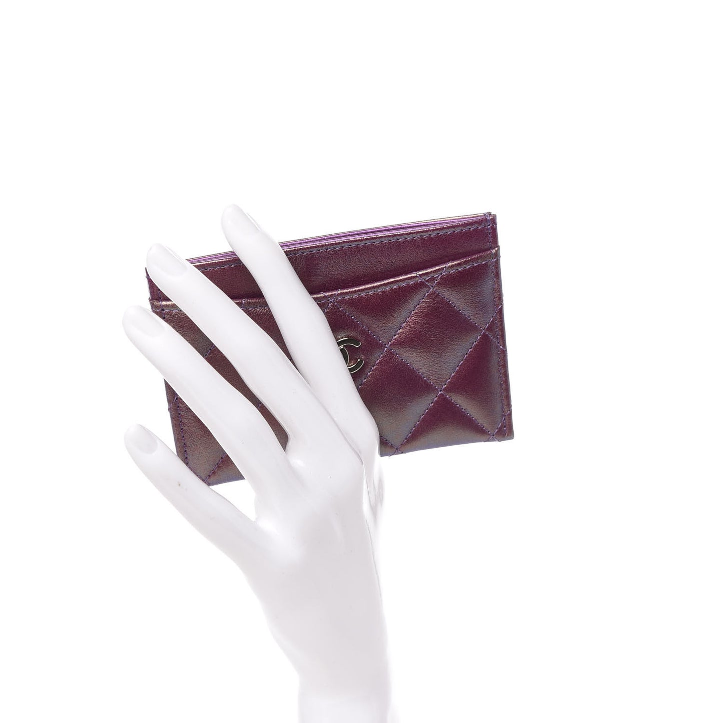 Iridescent Lambskin Quilted Card Holder Purple