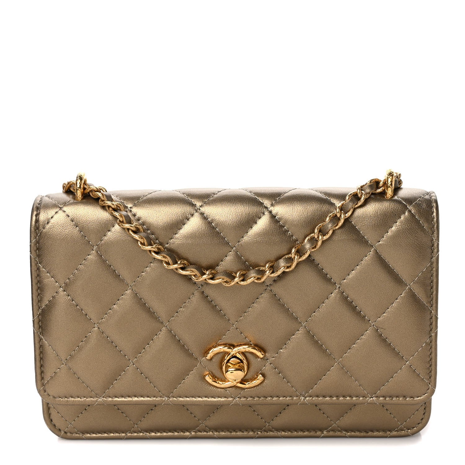 Chanel Metallic Lambskin Quilted CC Wallet On Chain WOC Gold 1 of 10