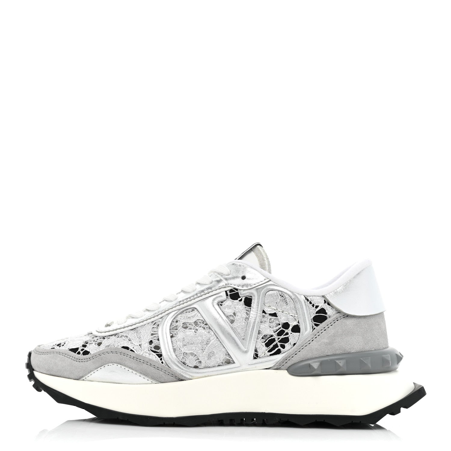 Valentino Garavani Metallic Calfskin Lace Mesh Lacerunner Sneaker 37.5 Silver Pastel Gray 1 of 15