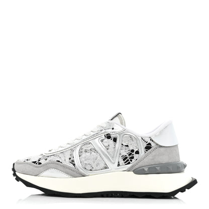 Valentino Garavani Metallic Calfskin Lace Mesh Lacerunner Sneaker 37.5 Silver Pastel Gray 1 of 15